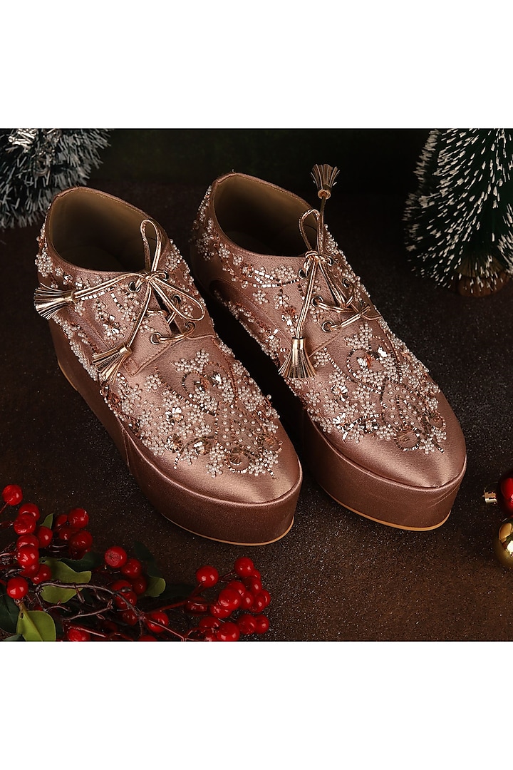 Rose Gold Faux Leather Embroidered Sneaker Wedges by TIESTA at Pernia's Pop Up Shop