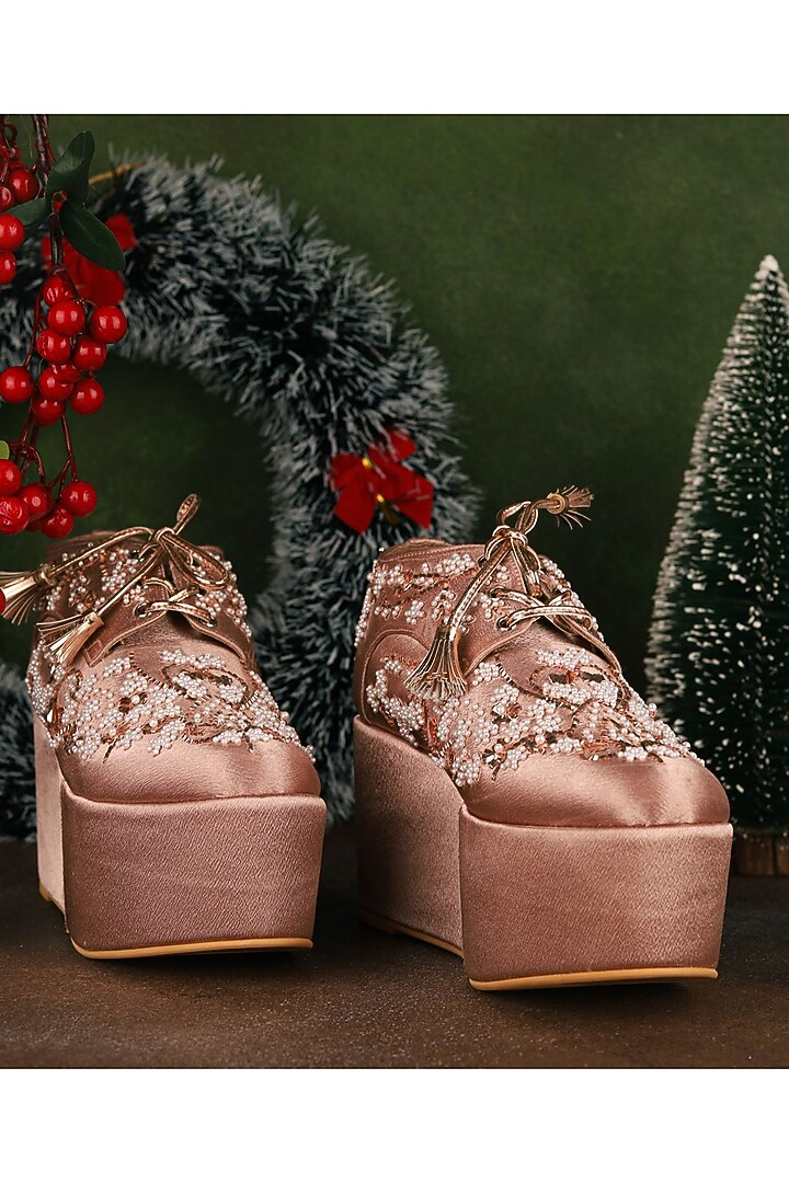 Rose Gold Faux Leather Embroidered Sneaker Wedges by TIESTA at Pernia's Pop Up Shop