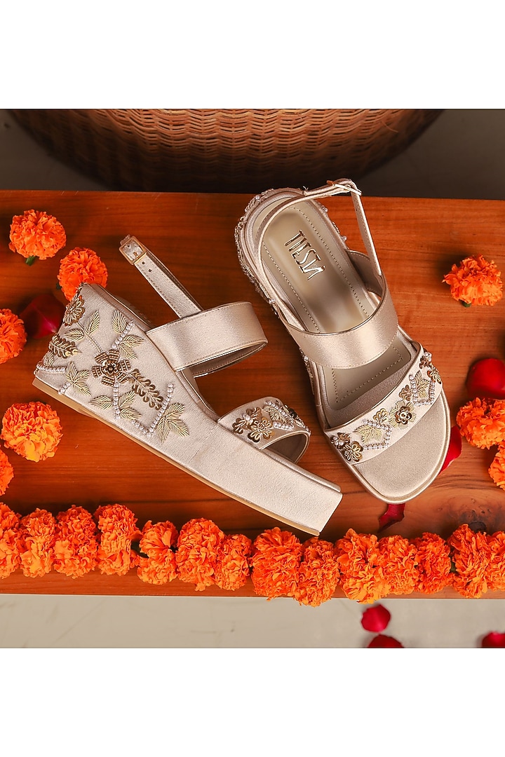 Gold Faux Leather Hand Embroidered Wedges by TIESTA at Pernia's Pop Up Shop