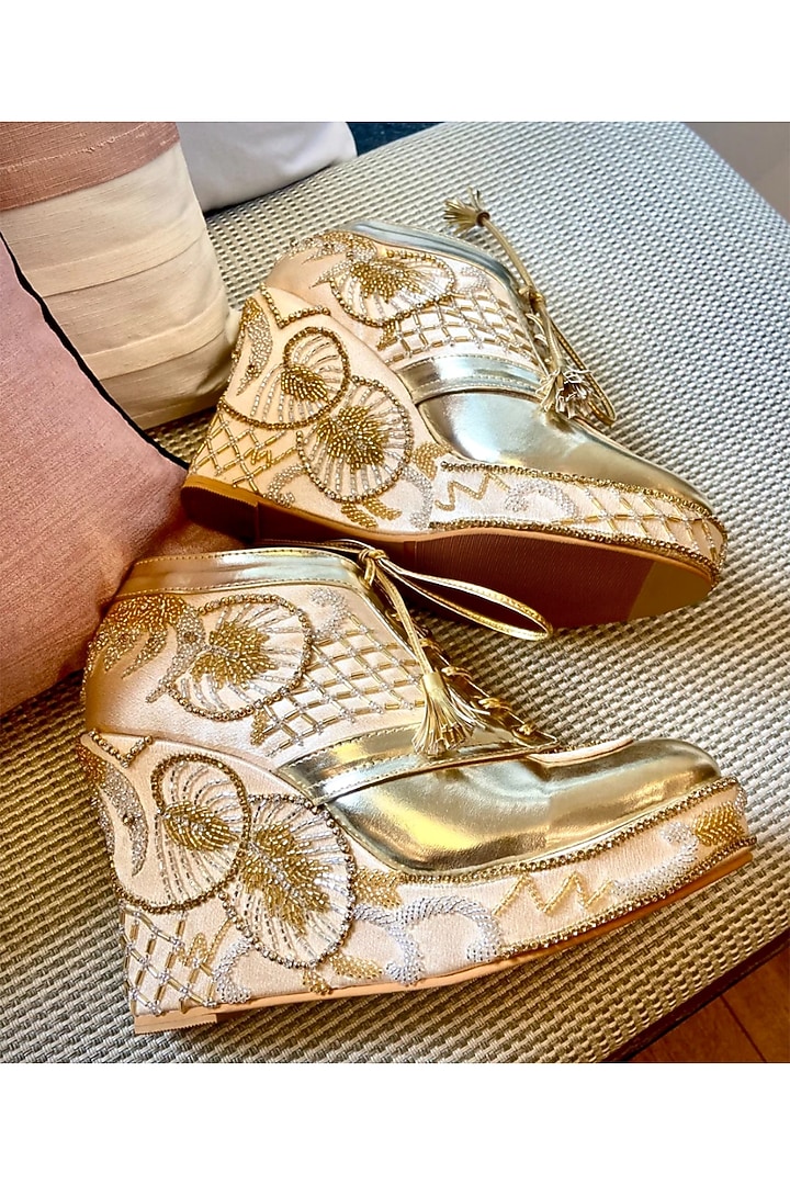 Gold Faux Leather & Satin Embroidered Sneaker Wedges by TIESTA at Pernia's Pop Up Shop