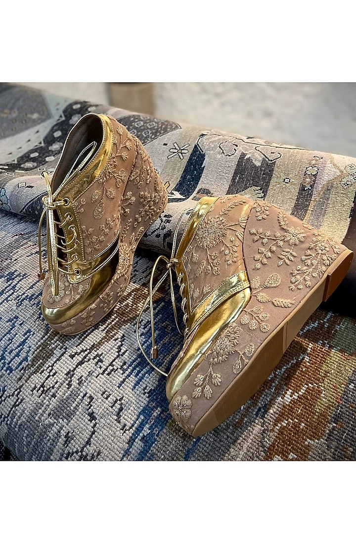Beige & Gold Faux Leather Embroidered Sneaker Wedges by TIESTA at Pernia's Pop Up Shop
