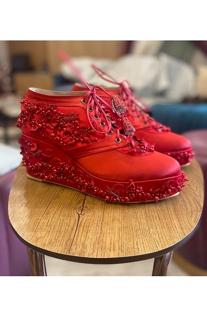 Red Faux Leather Hand Embroidered Sneaker Wedges by TIESTA at Pernia's Pop Up Shop