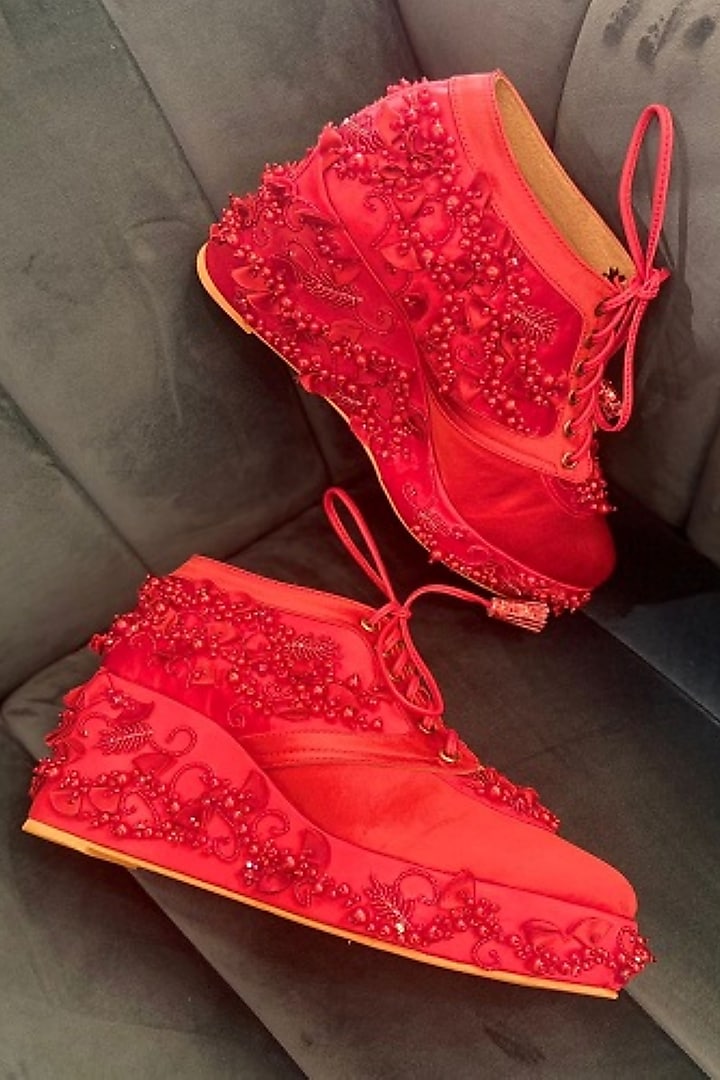 Red Faux Leather Hand Embroidered Sneaker Wedges by TIESTA at Pernia's Pop Up Shop