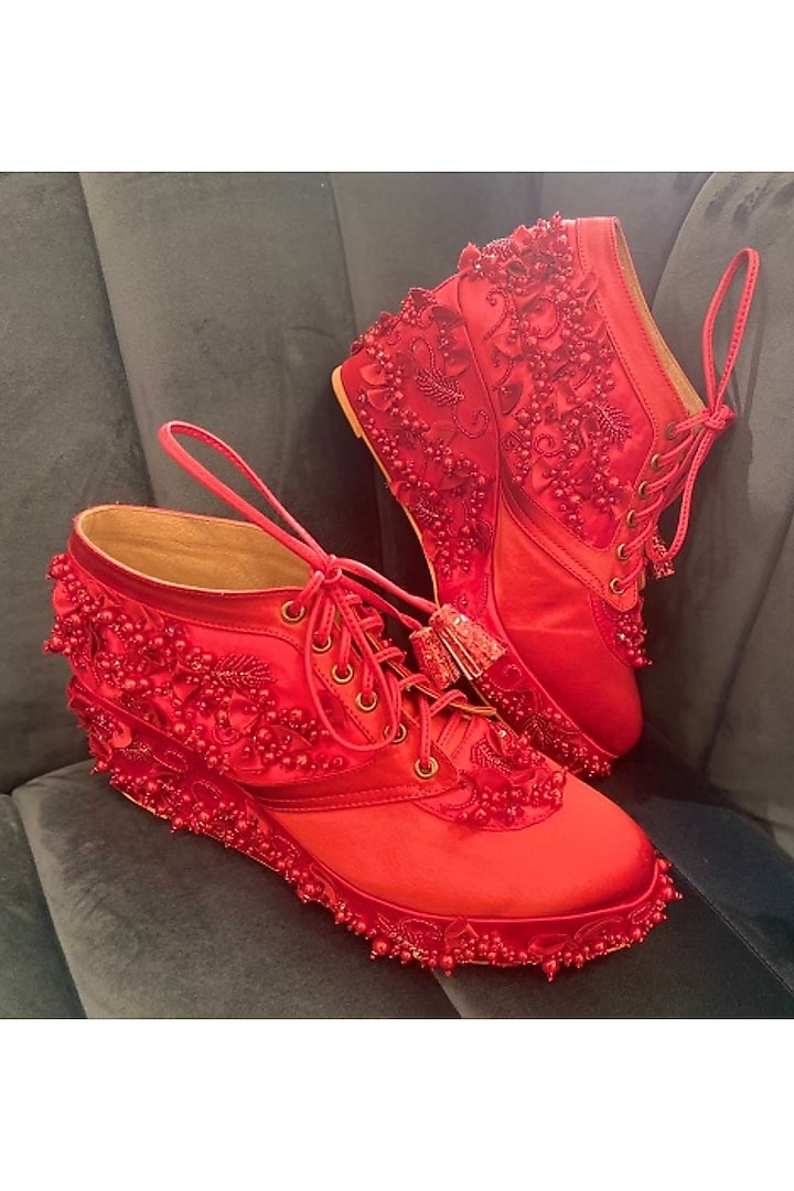 Red Faux Leather Hand Embroidered Sneaker Wedges by TIESTA at Pernia's Pop Up Shop