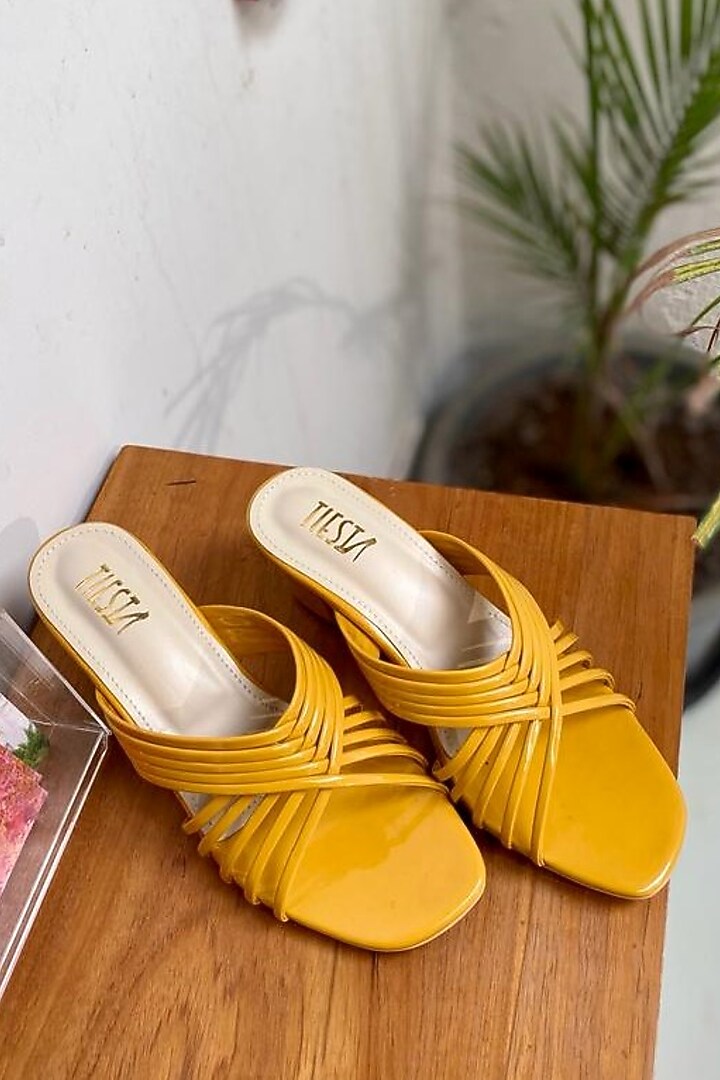Yellow Faux Leather Sandals by TIESTA at Pernia's Pop Up Shop