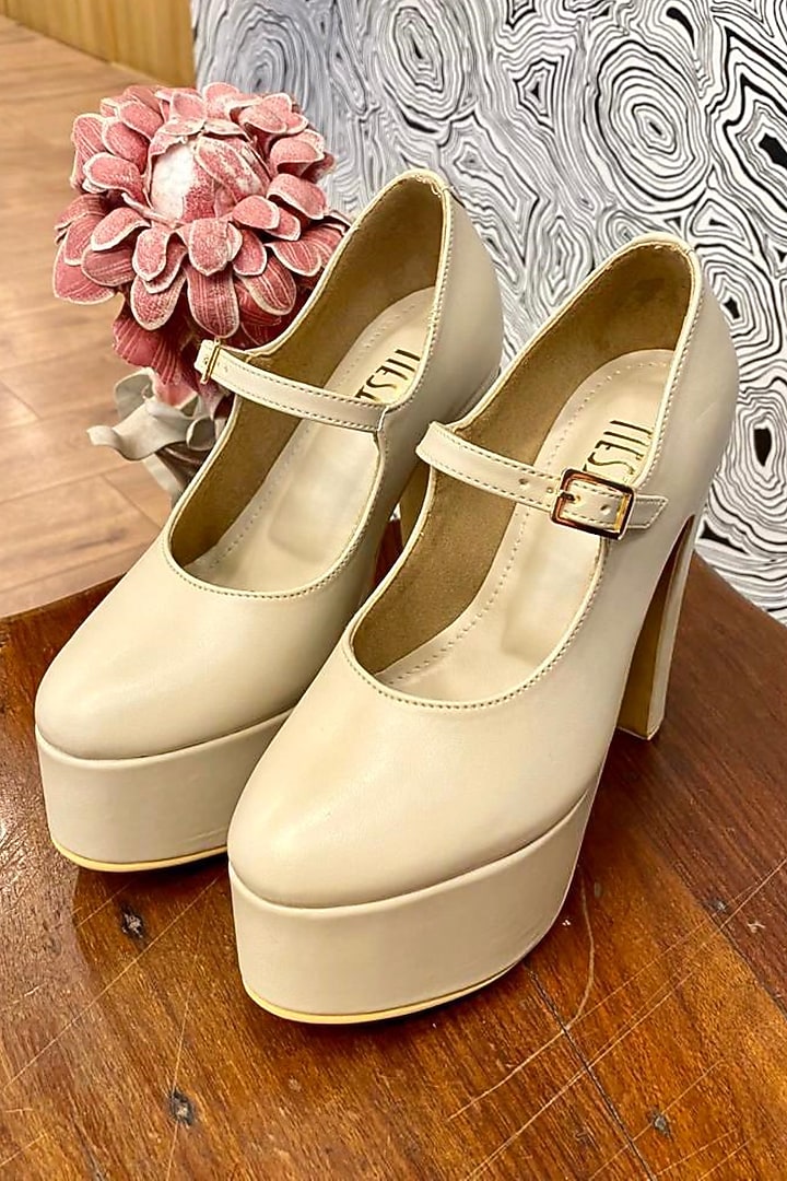Beige Faux Leather Block Heels by TIESTA at Pernia's Pop Up Shop