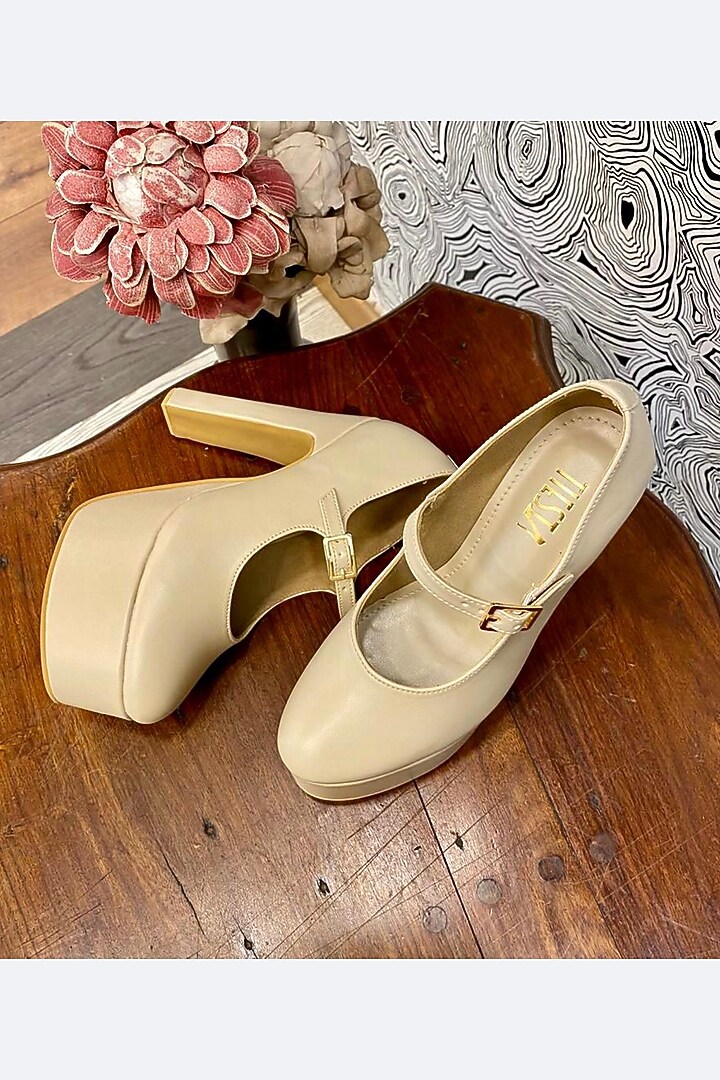 Beige Faux Leather Block Heels by TIESTA at Pernia's Pop Up Shop