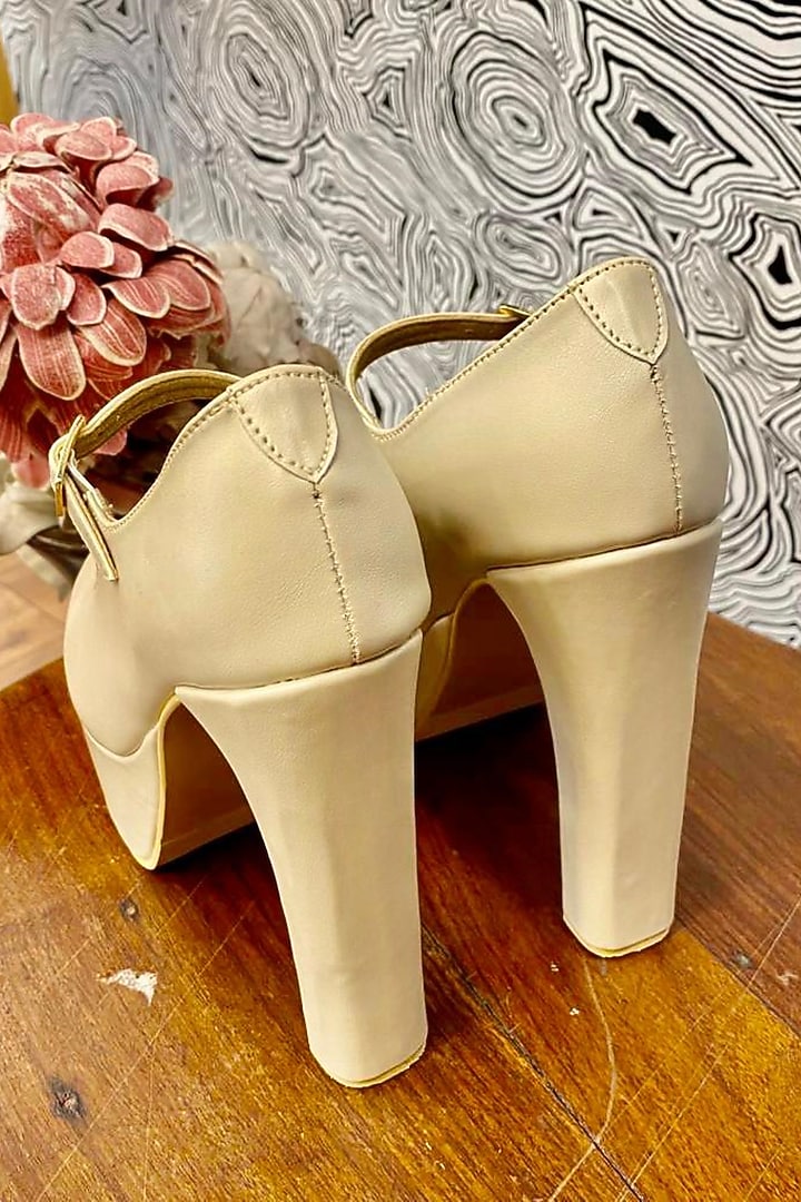Beige Faux Leather Block Heels by TIESTA at Pernia's Pop Up Shop