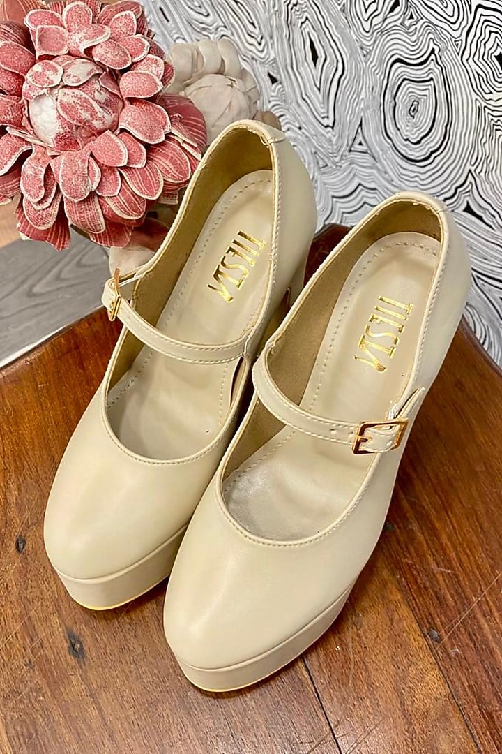 Beige Faux Leather Block Heels by TIESTA at Pernia's Pop Up Shop