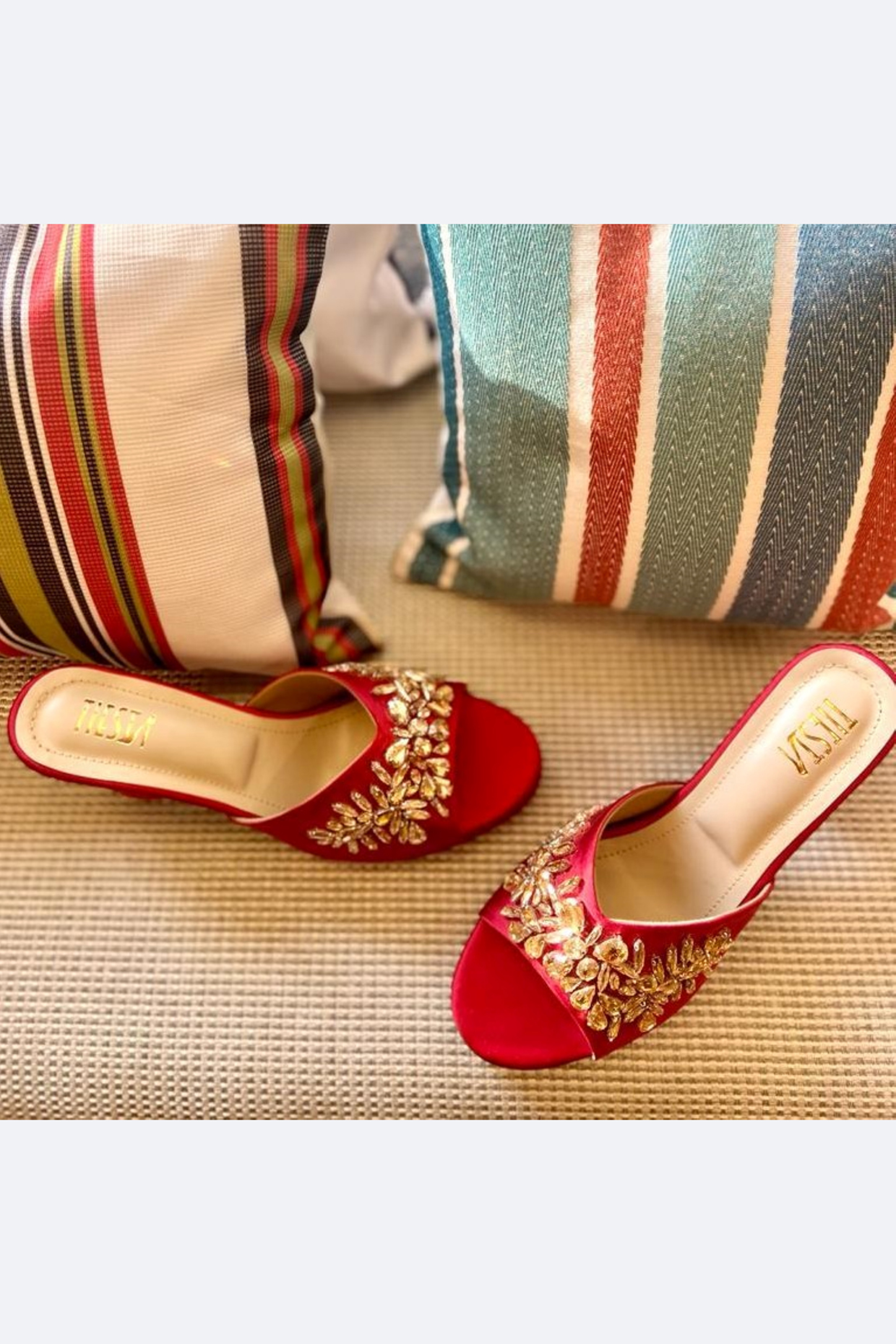 Red Embroidered Block Heels by TIESTA at Pernia's Pop Up Shop