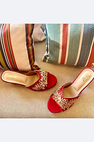 Red Embroidered Block Heels by TIESTA