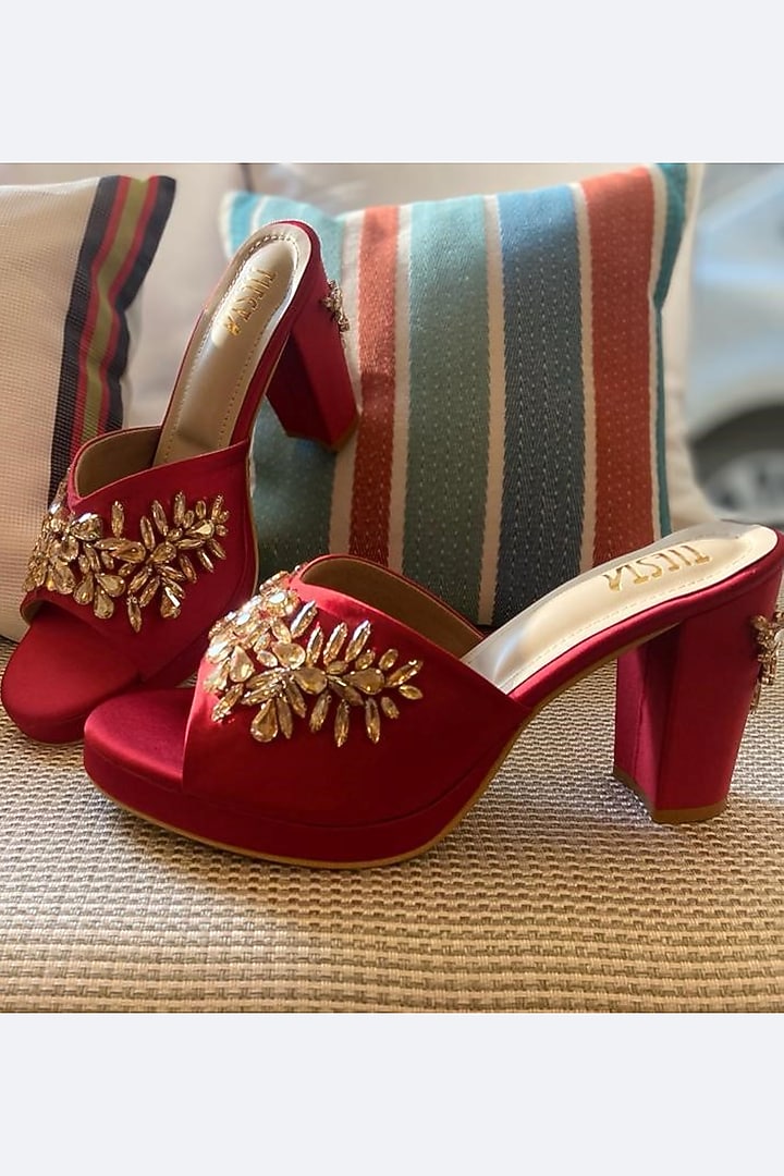 Red Embroidered Block Heels by TIESTA at Pernia's Pop Up Shop