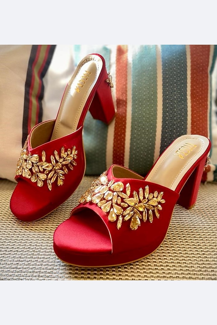 Red Embroidered Block Heels by TIESTA at Pernia's Pop Up Shop