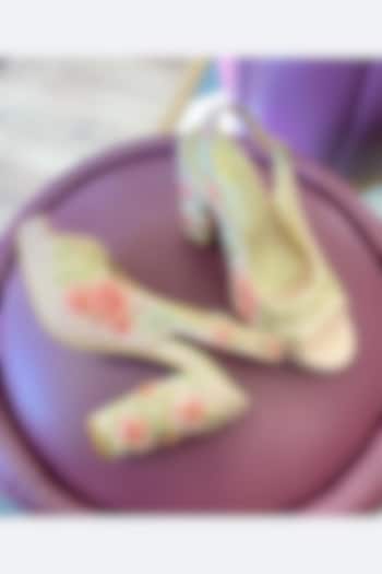Pink Satin Embroidered Block Heels by TIESTA