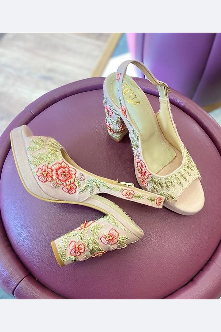 Pink Satin Embroidered Block Heels by TIESTA