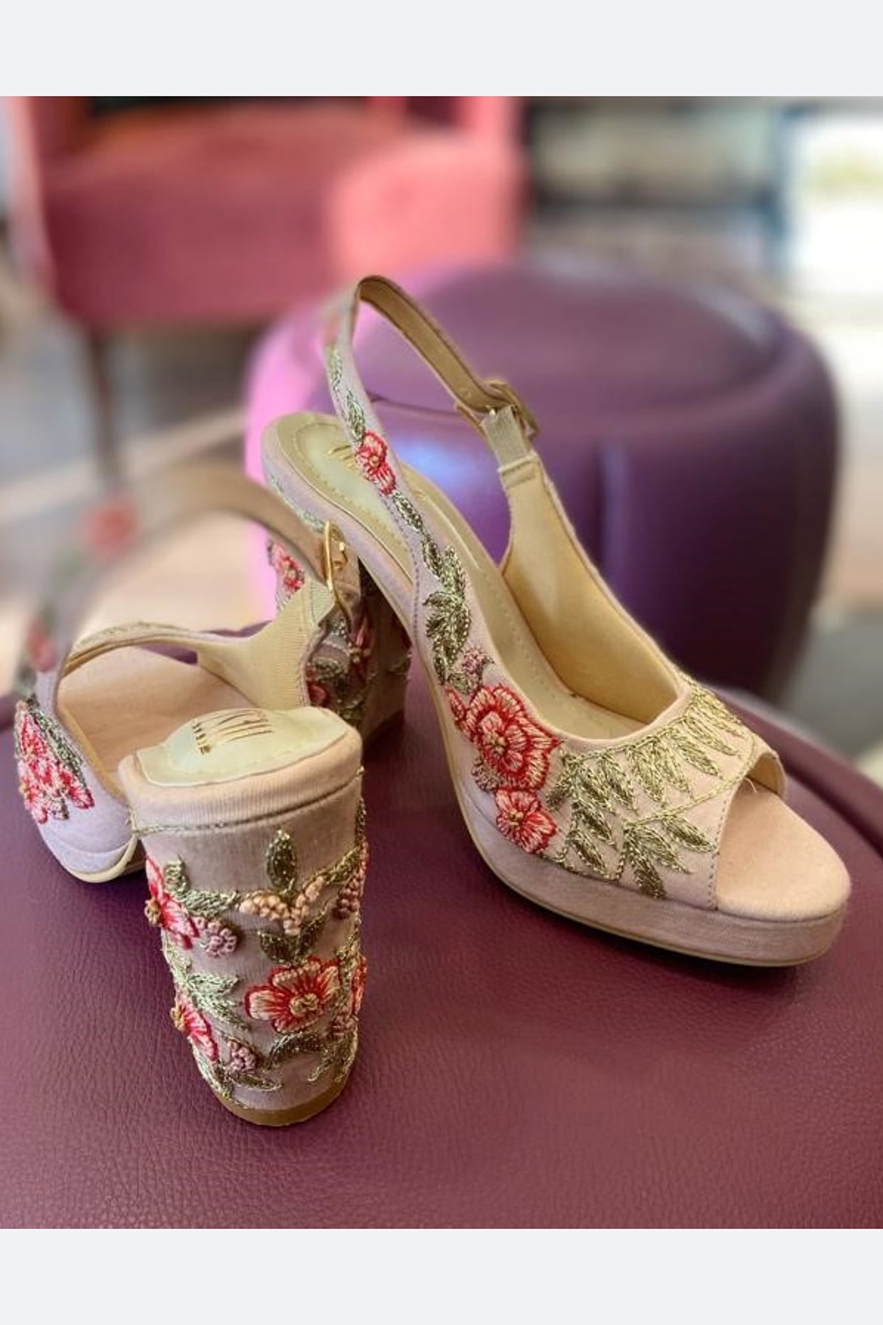 Floral embroidered block heels best sale