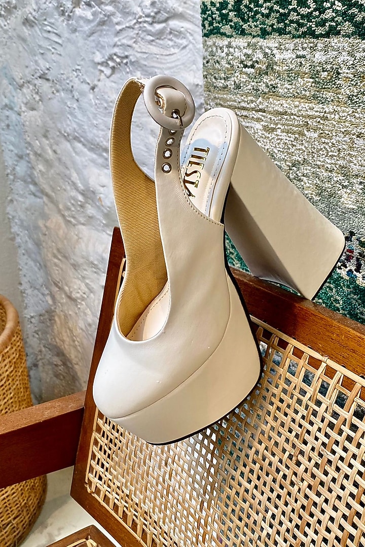 White Faux Leather Block Heels by TIESTA at Pernia's Pop Up Shop