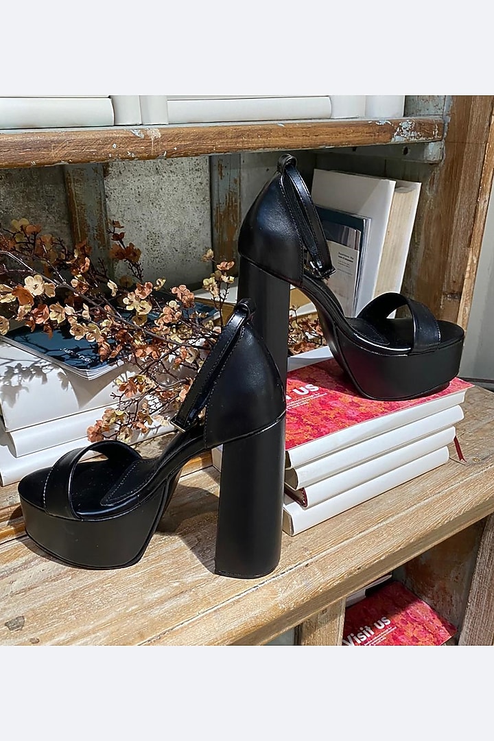 Black Faux Leather Block Heels by TIESTA at Pernia's Pop Up Shop