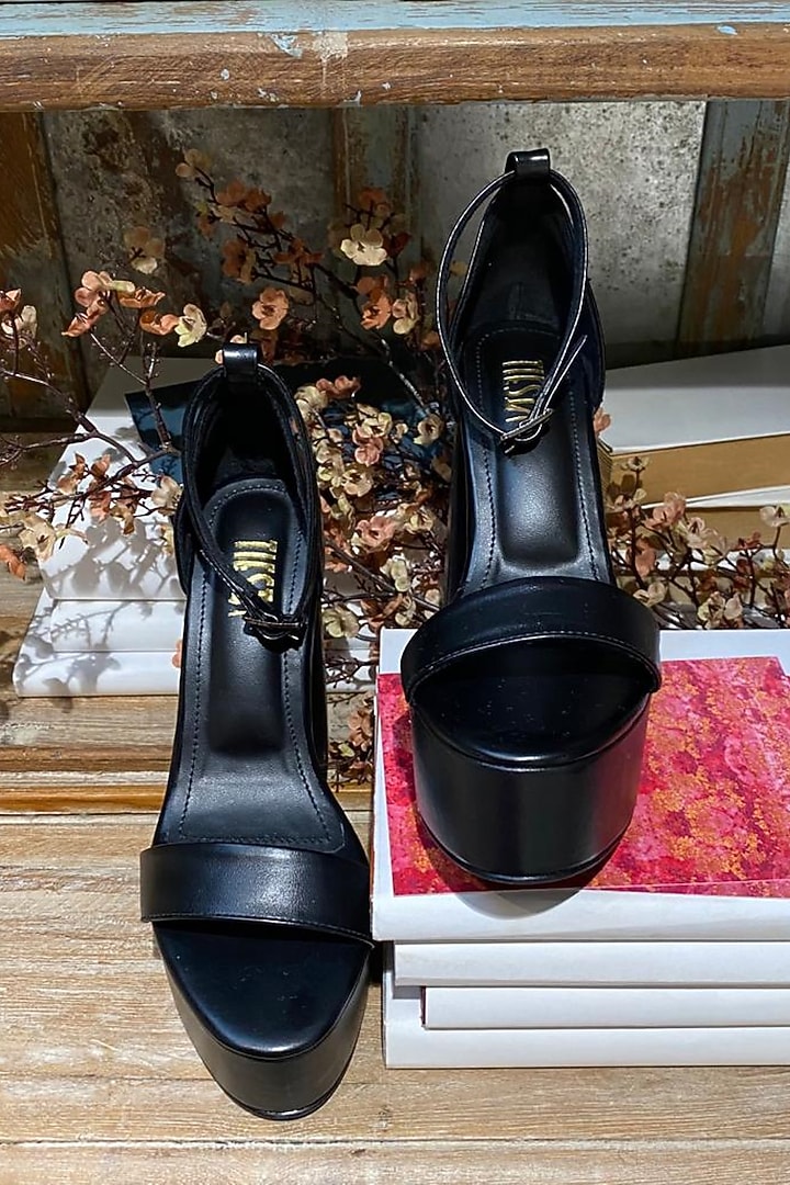Black Faux Leather Block Heels by TIESTA at Pernia's Pop Up Shop