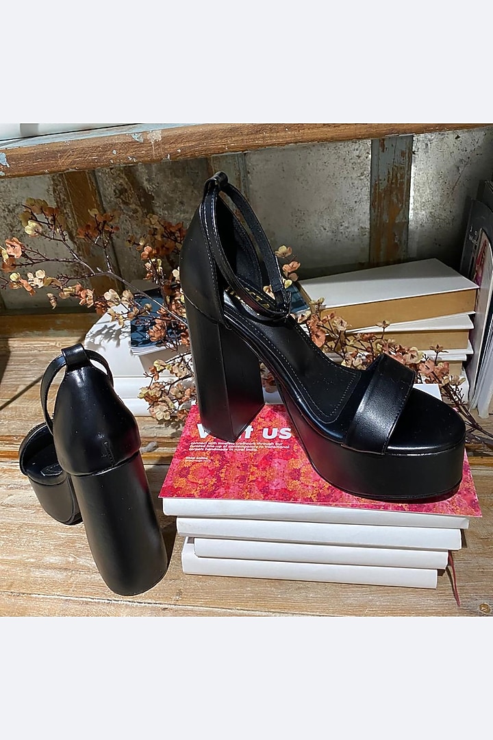 Black Faux Leather Block Heels by TIESTA at Pernia's Pop Up Shop