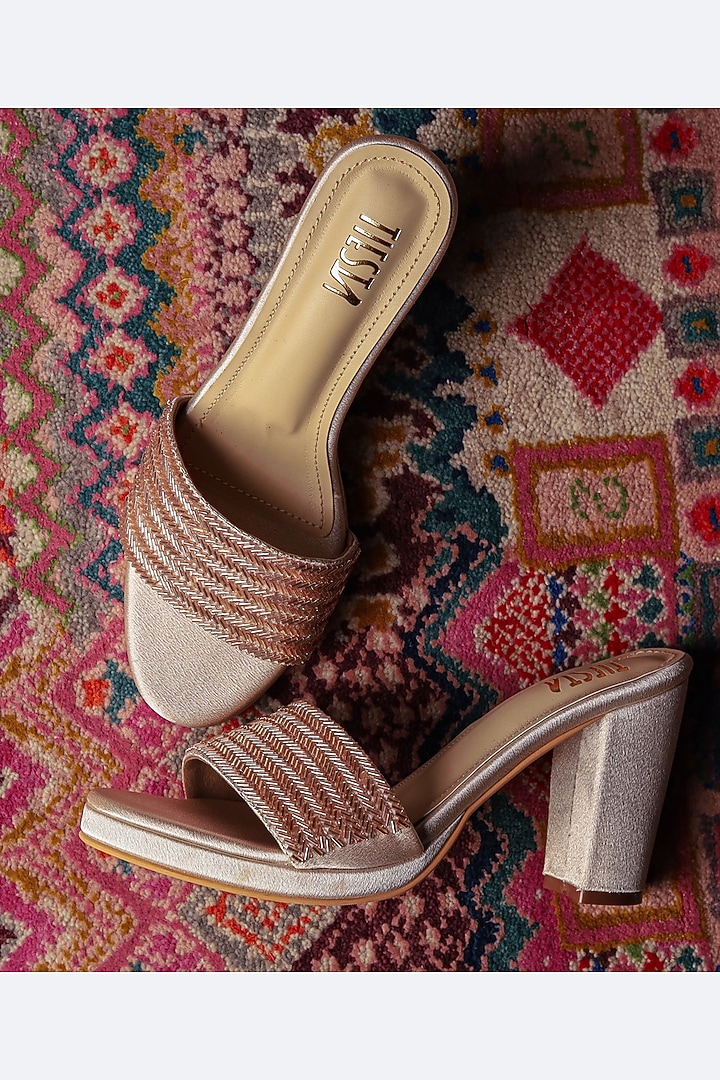 Light Gold Suede Embroidered Block Heels by TIESTA at Pernia's Pop Up Shop