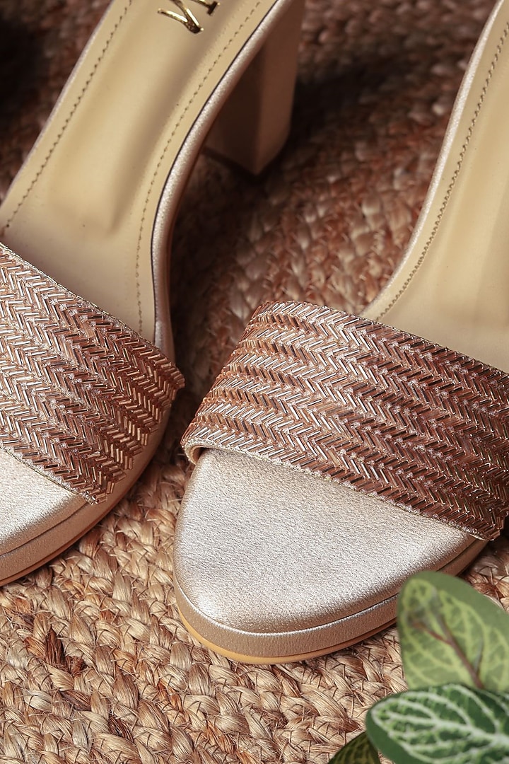 Light Gold Suede Embroidered Block Heels by TIESTA at Pernia's Pop Up Shop