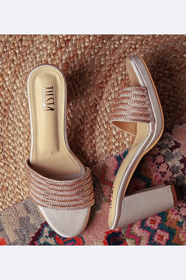 Light Gold Suede Embroidered Block Heels by TIESTA at Pernia's Pop Up Shop