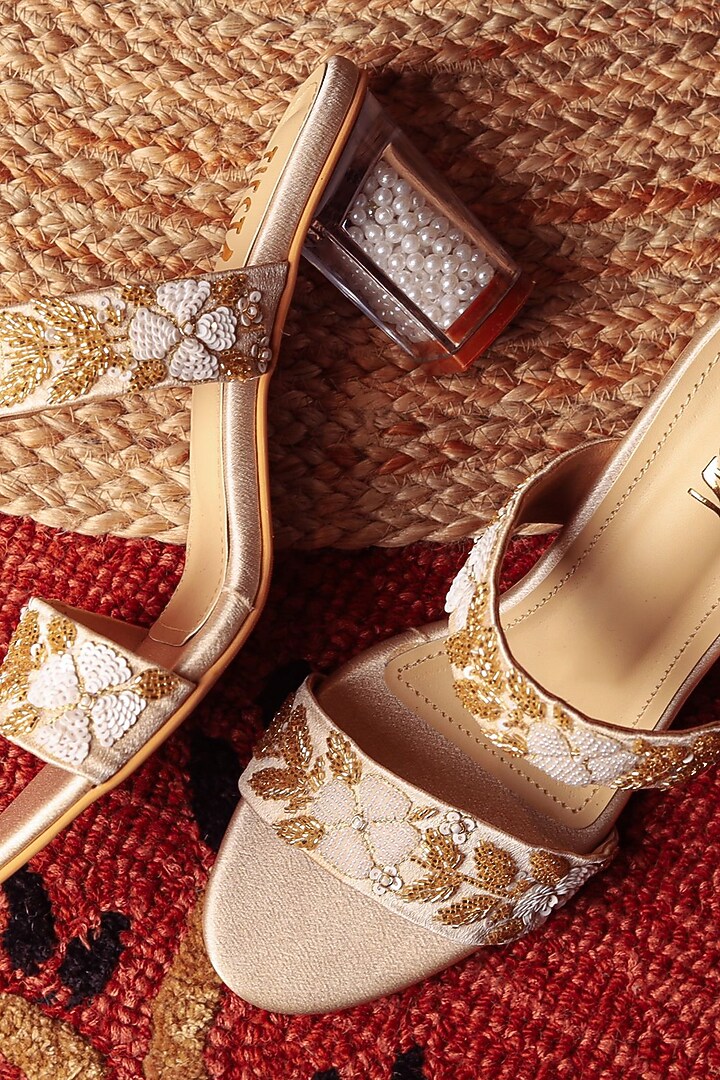 Gold Suede Embroidered Heels by TIESTA at Pernia's Pop Up Shop