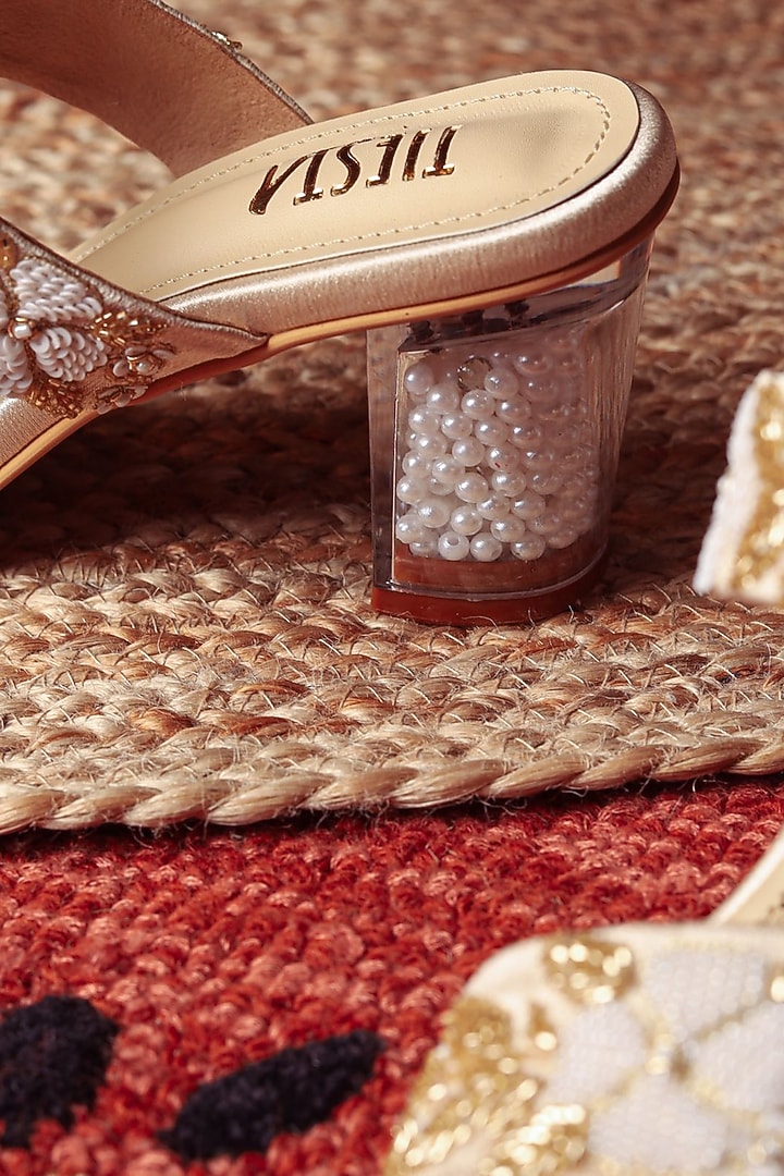 Gold Suede Embroidered Heels by TIESTA at Pernia's Pop Up Shop
