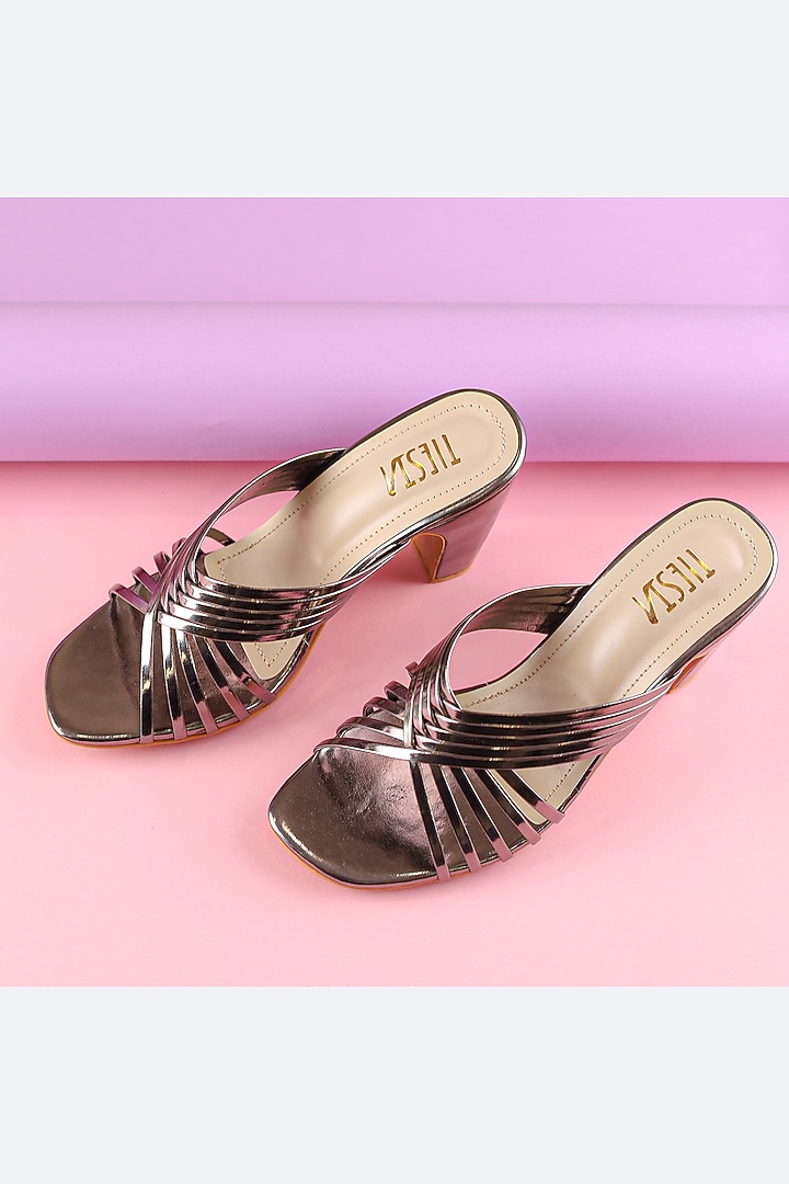 Grey Faux Leather Embroidered Heels by TIESTA at Pernia's Pop Up Shop