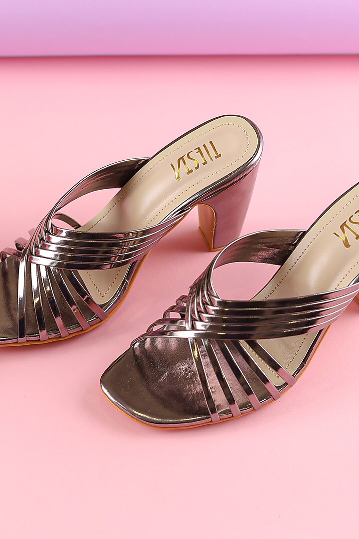 Grey Faux Leather Embroidered Heels by TIESTA at Pernia's Pop Up Shop