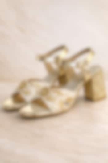 Gold Satin Embroidered Block Heels by TIESTA at Pernia's Pop Up Shop