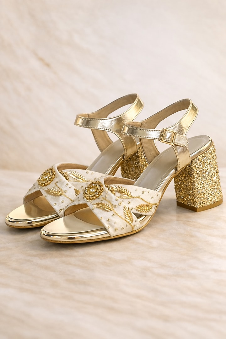 Gold Satin Embroidered Block Heels by TIESTA at Pernia's Pop Up Shop