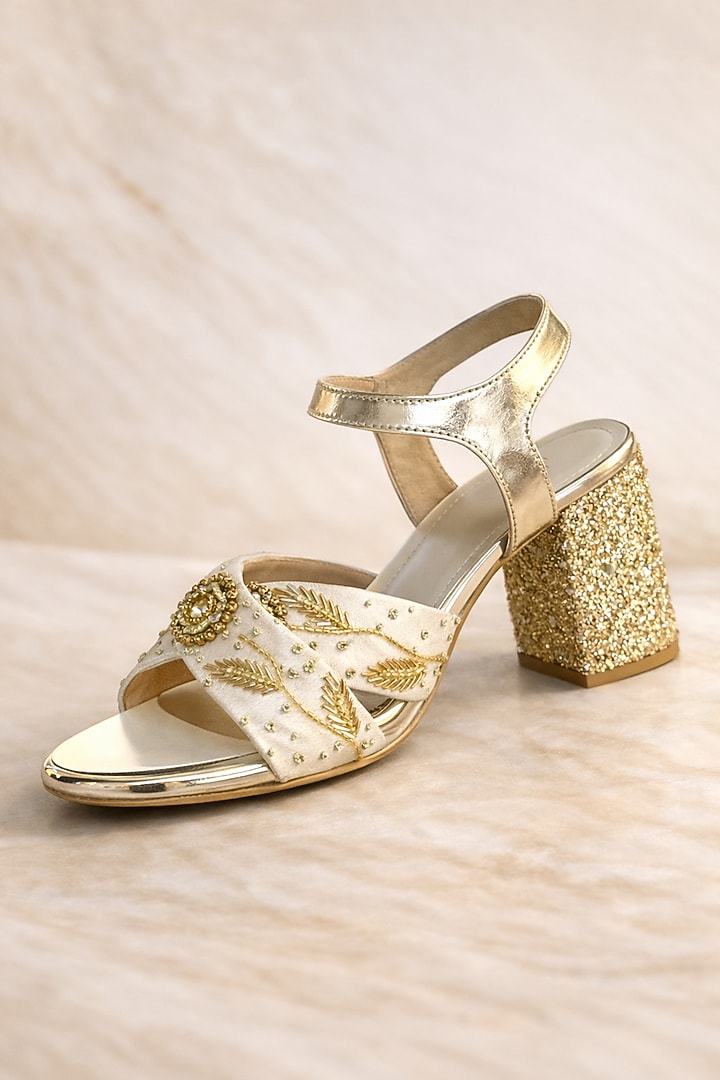 Gold Satin Embroidered Block Heels by TIESTA at Pernia's Pop Up Shop