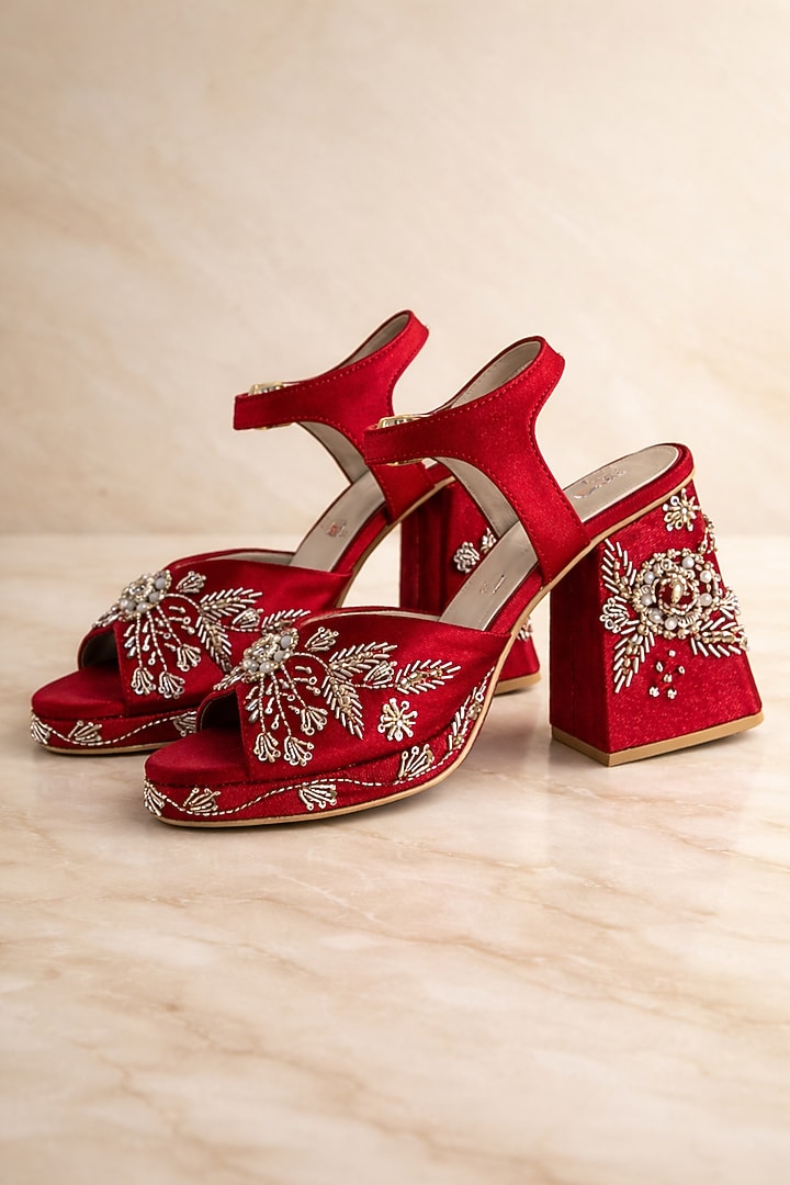 Red Satin Embroidered Block Heels by TIESTA at Pernia's Pop Up Shop