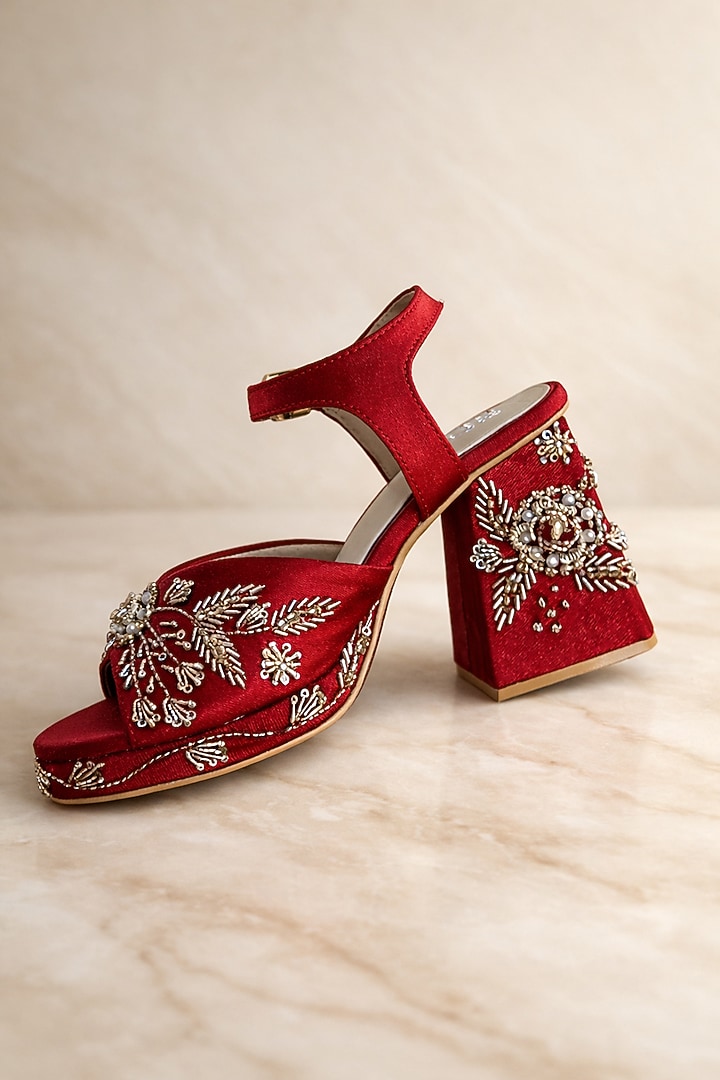 Red Satin Embroidered Block Heels by TIESTA at Pernia's Pop Up Shop