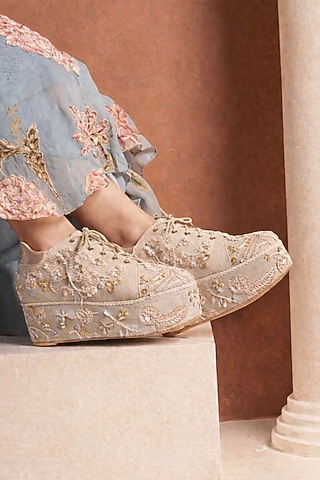 Champagne Raw Silk Sneakers by TIESTA