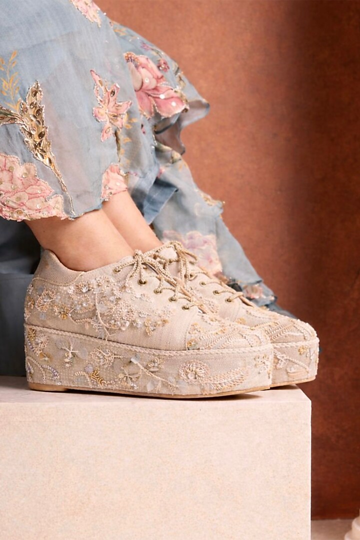 Champagne Raw Silk Sneakers by TIESTA at Pernia's Pop Up Shop