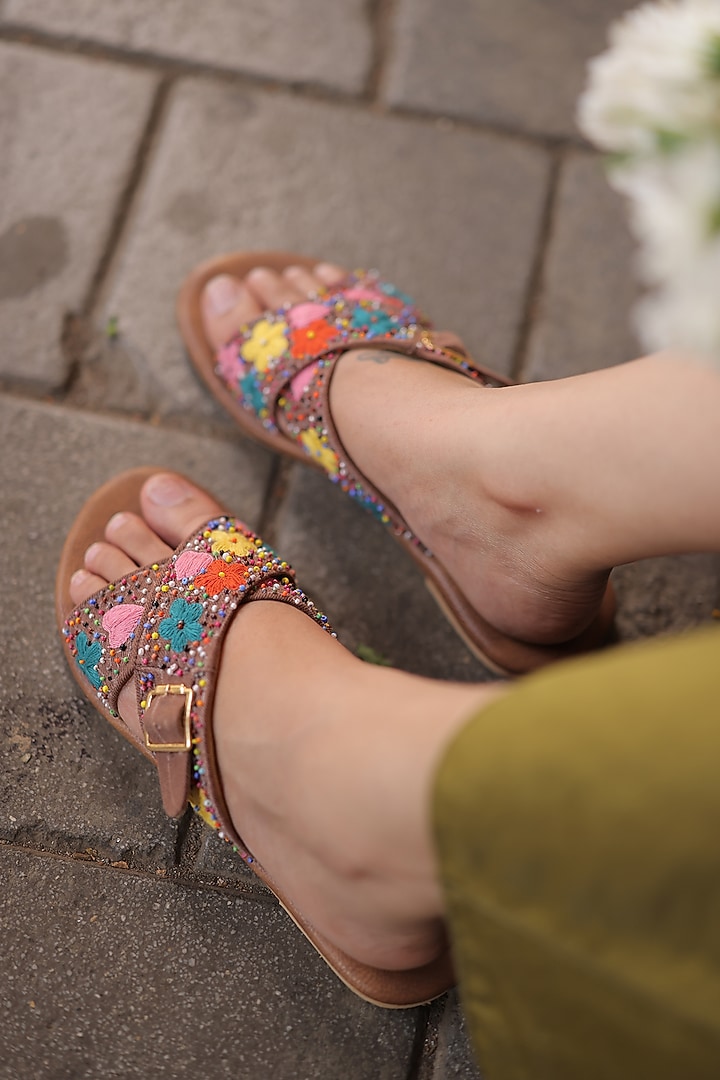 Brown Faux Leather Flats by TIESTA at Pernia's Pop Up Shop