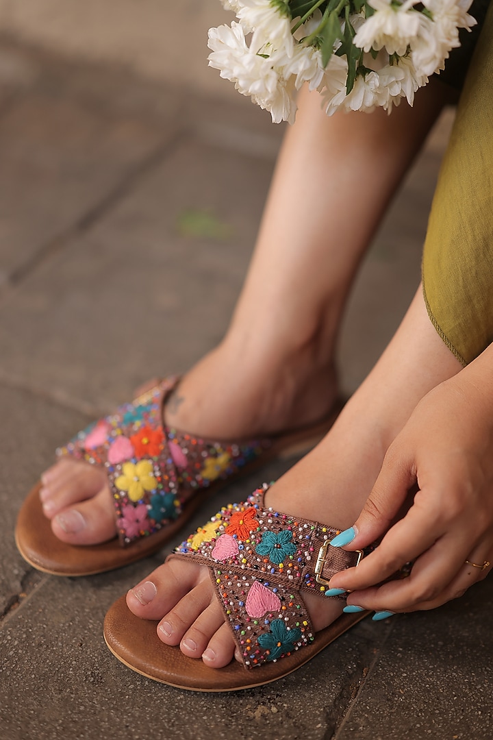 Brown Faux Leather Flats by TIESTA at Pernia's Pop Up Shop