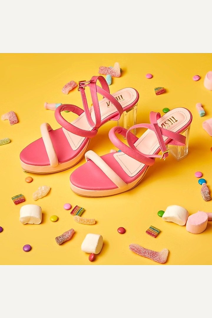 Pink Faux Leather Block Heels by TIESTA at Pernia's Pop Up Shop