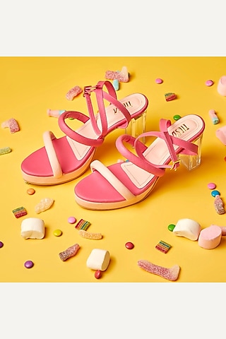 Pink Faux Leather Block Heels by TIESTA