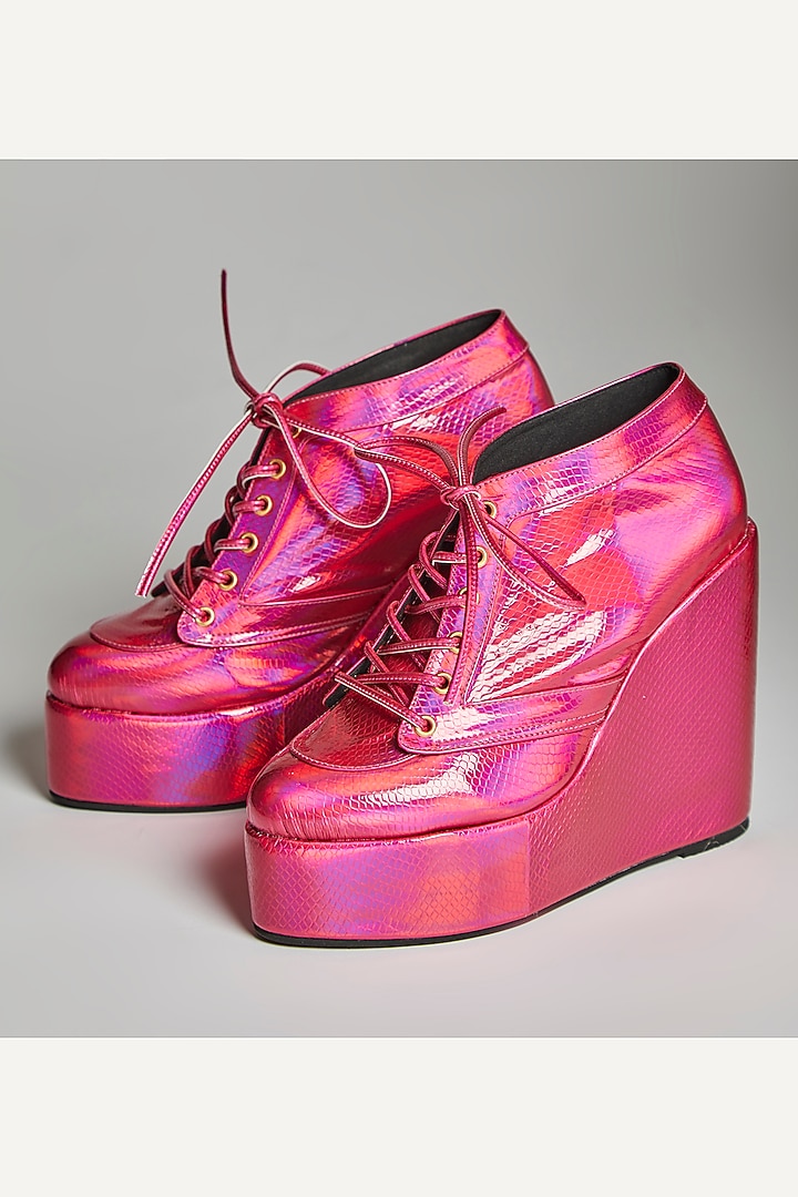 Pink Faux Leather Sneaker Wedges by TIESTA at Pernia's Pop Up Shop