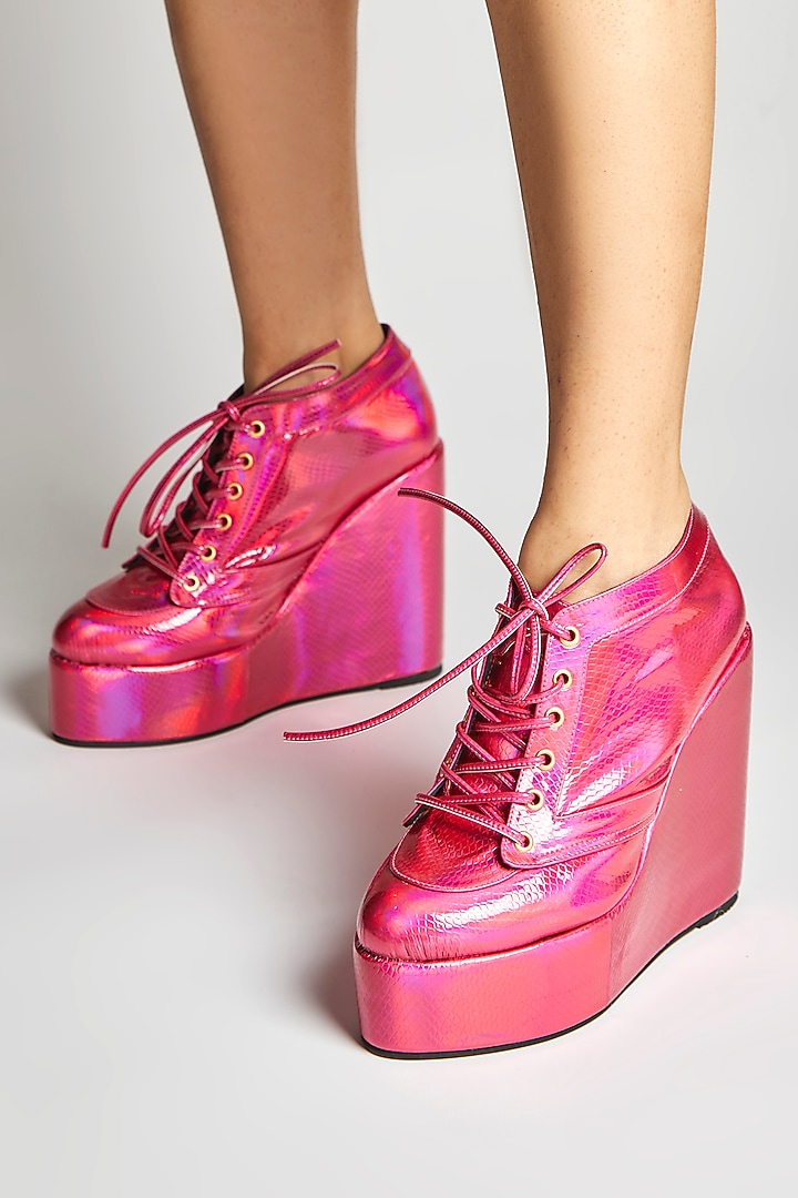 Pink Faux Leather Sneaker Wedges by TIESTA at Pernia's Pop Up Shop