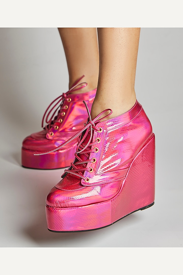 Pink Faux Leather Sneaker Wedges by TIESTA at Pernia's Pop Up Shop