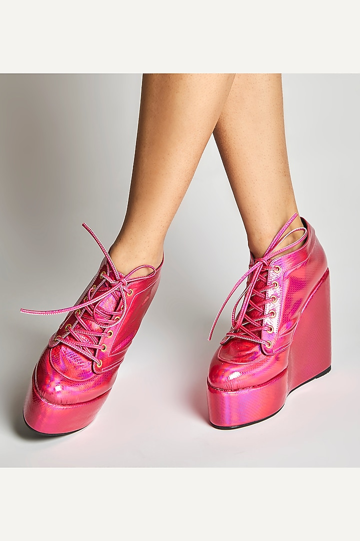 Pink Faux Leather Sneaker Wedges by TIESTA at Pernia's Pop Up Shop