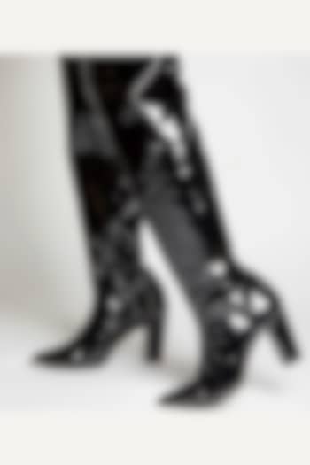 Black Faux Leather High-Knee Patent Boots by TIESTA at Pernia's Pop Up Shop