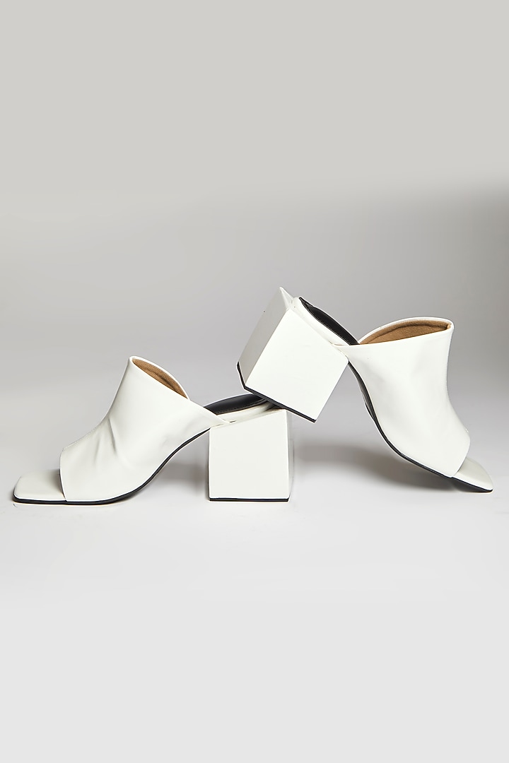 White Faux Leather Square Block Heels by TIESTA at Pernia's Pop Up Shop