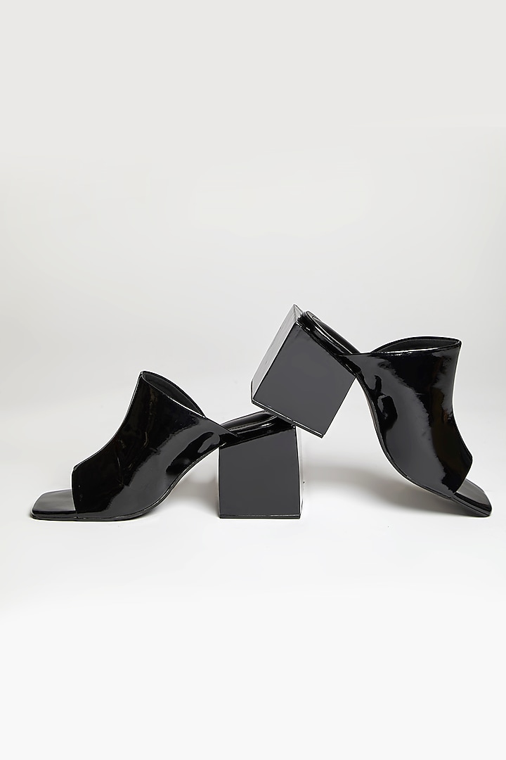 Black Faux Leather Square Block Heels by TIESTA