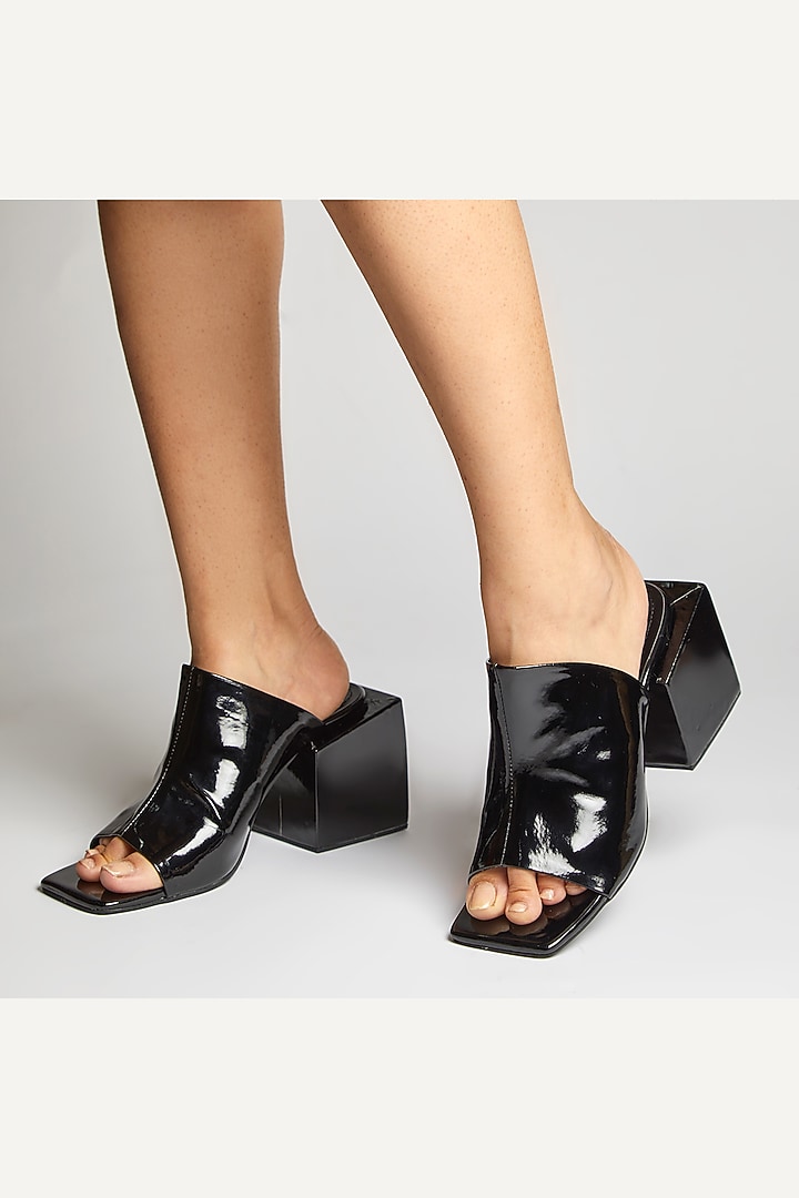 Black Faux Leather Square Block Heels by TIESTA at Pernia's Pop Up Shop